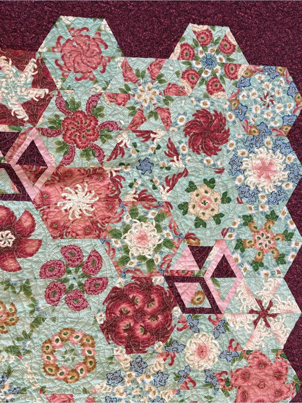 Handmade Floral Hexagon Quilt - Burgundy Border, Multicolor Center